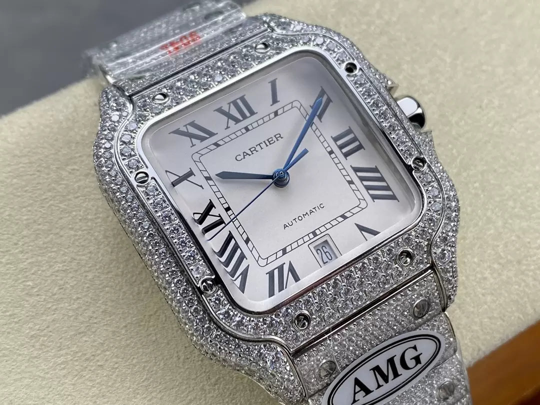 Santos De Cartier Diamond Watches quadrante bianco and Argento 1:1 edizione migliore AMG Fabbrica Swarovski Stone