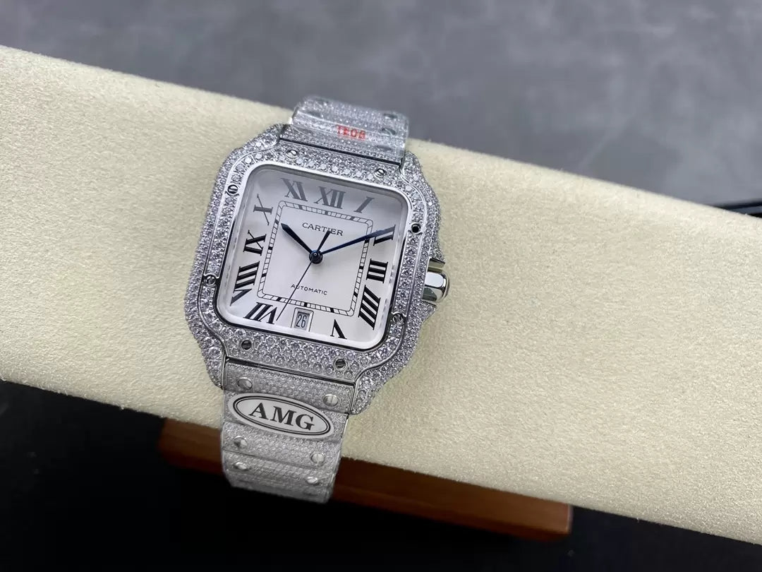 Santos De Cartier Diamond Watches quadrante bianco and Argento 1:1 edizione migliore AMG Fabbrica Swarovski Stone