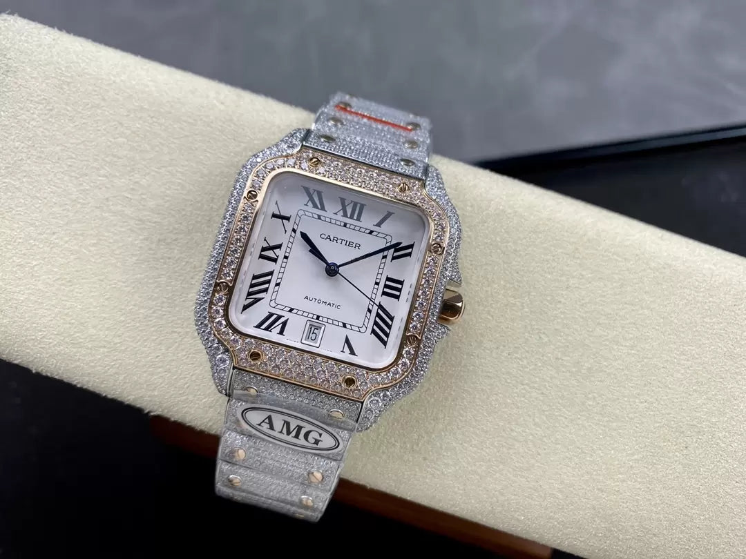 Santos De Cartier Diamond Watches quadrante bianco 1:1 edizione migliore AMG Fabbrica Swarovski Stone