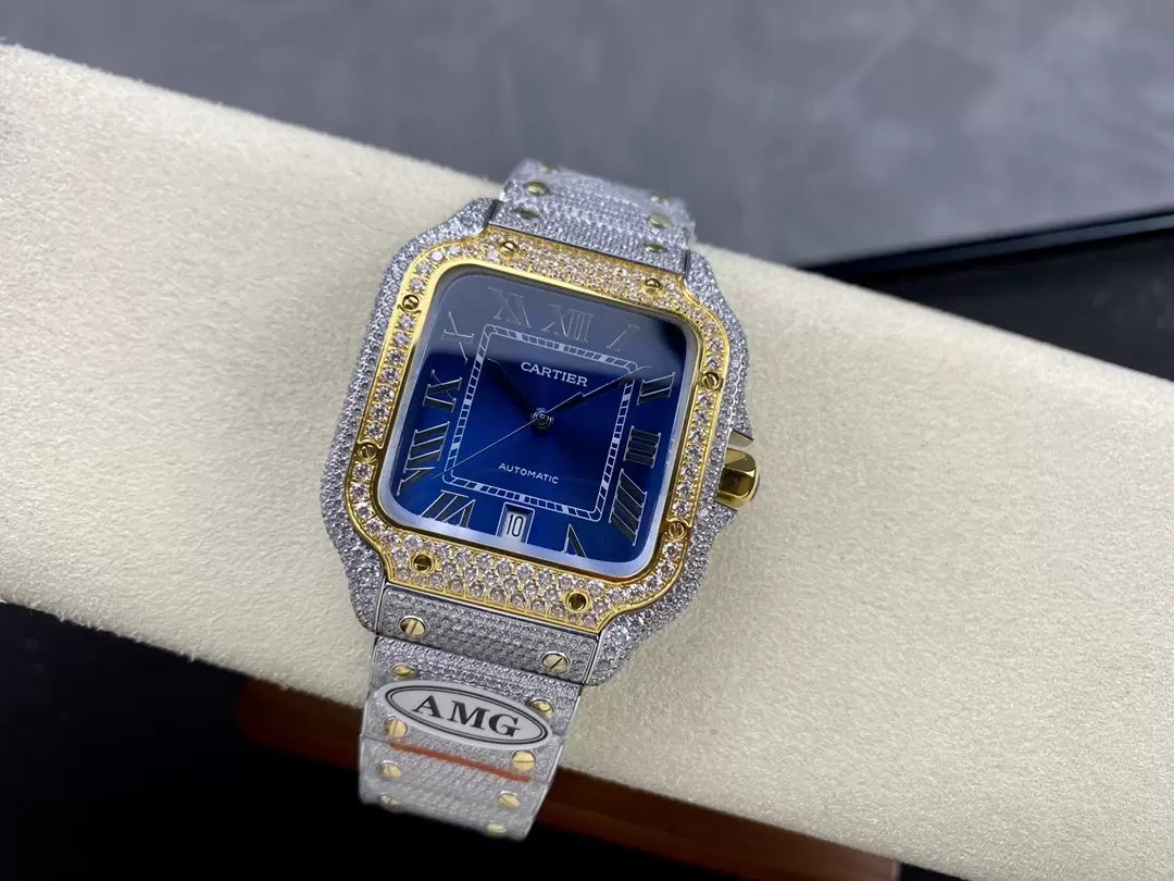 Santos De Cartier Diamond Watches quadrante blu and Oro 1:1 edizione migliore AMG Fabbrica Swarovski Stone