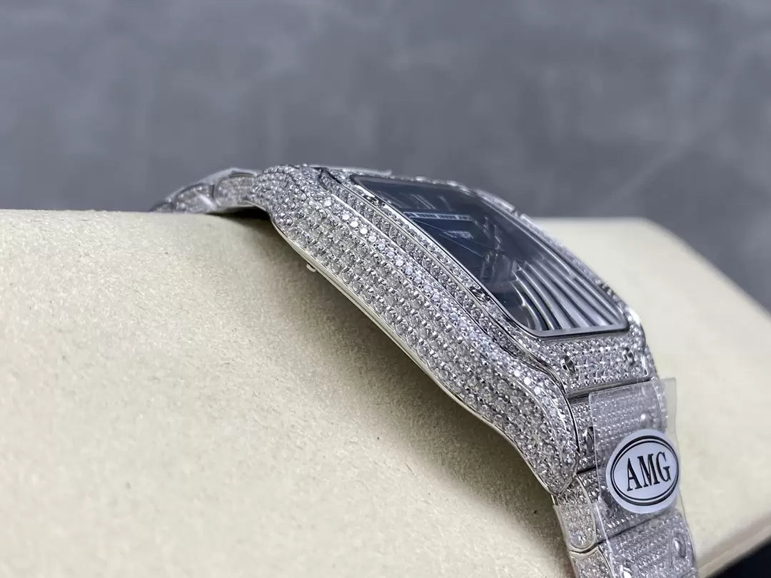Santos De Cartier Diamond Watches quadrante blu and Argento 1:1 edizione migliore AMG Fabbrica Swarovski Stone