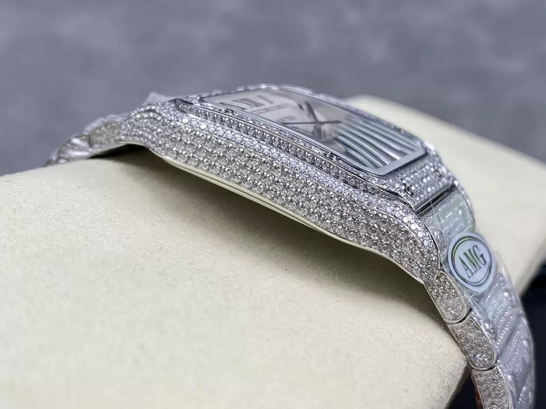 Santos De Cartier Diamond Watches quadrante bianco and Argento 1:1 edizione migliore AMG Fabbrica Swarovski Stone