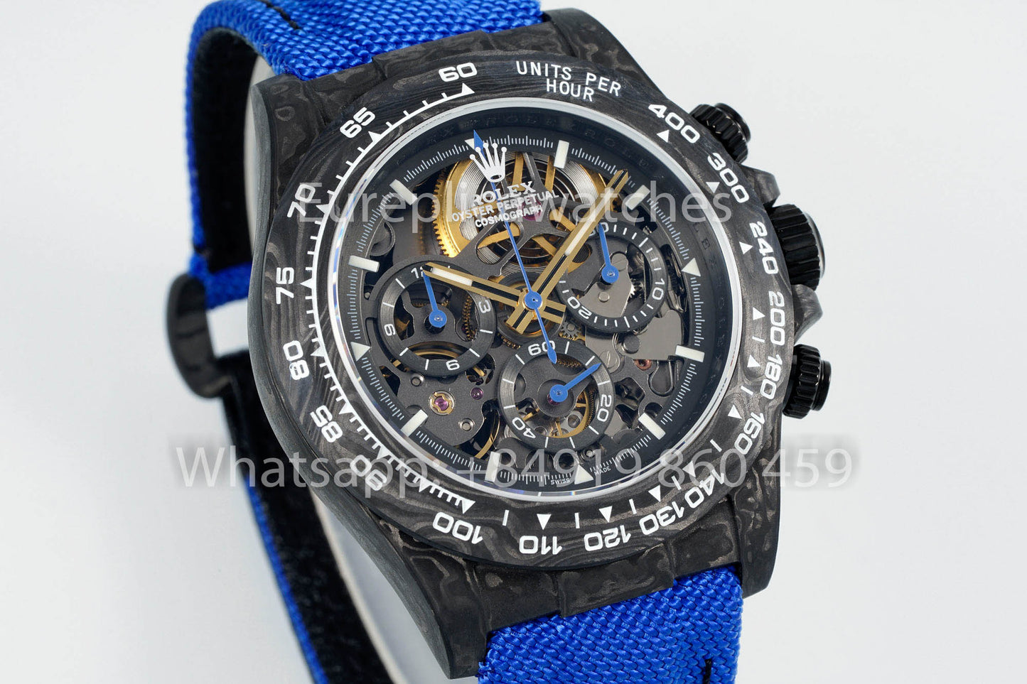Rolex Daytona scheletrato quadrante Diw Custom NTPT Carbonio Cassa 1:1 Best Clone Blu Velcro cinturino