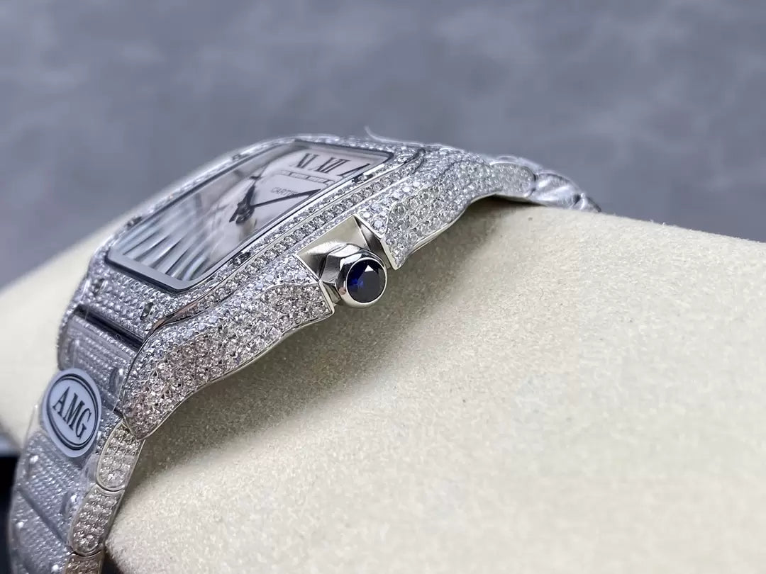 Santos De Cartier Diamond Watches quadrante bianco and Argento 1:1 edizione migliore AMG Fabbrica Swarovski Stone