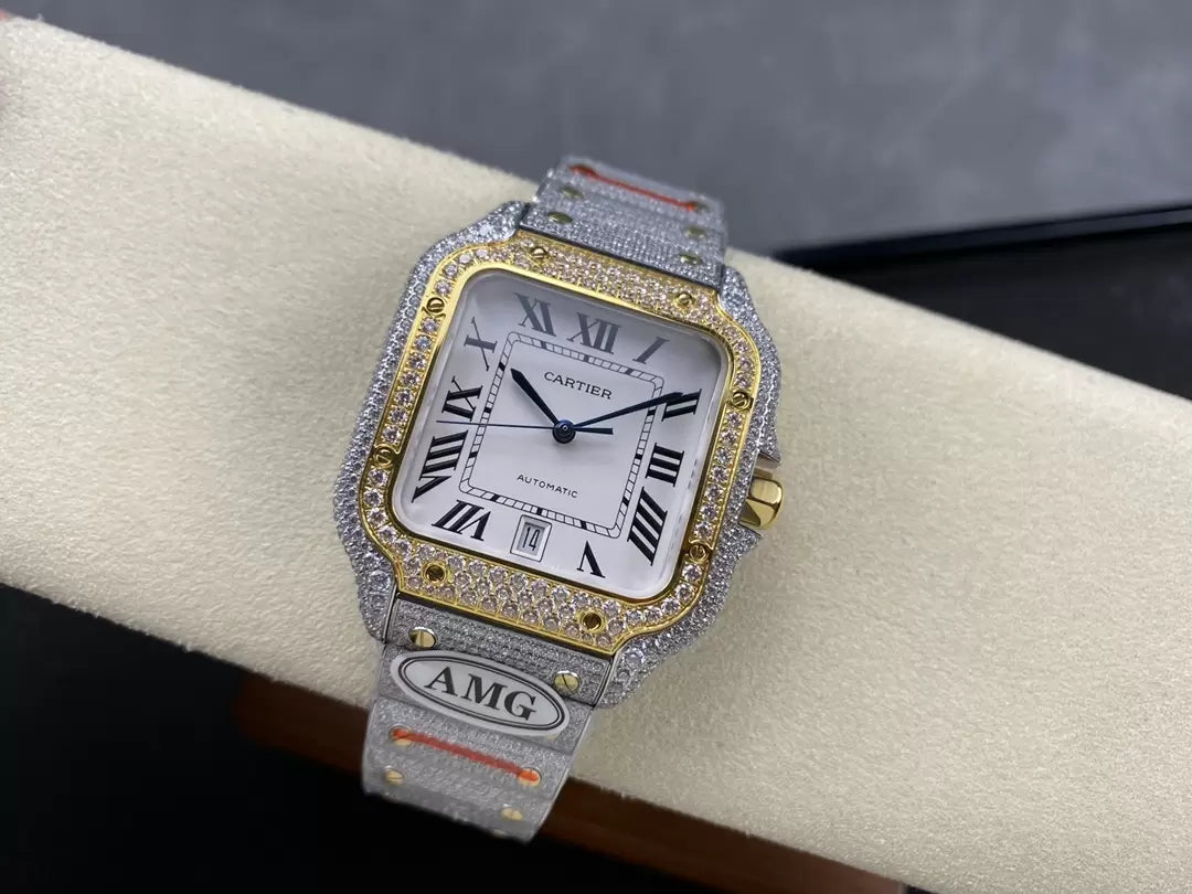 Santos De Cartier Diamond Watches quadrante bianco e Oro 1:1 edizione migliore AMG Fabbrica Swarovski Stone