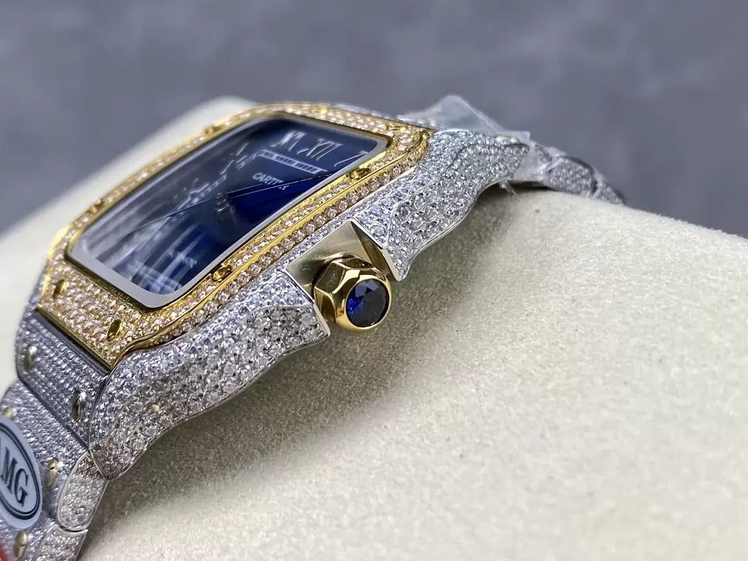 Santos De Cartier Diamond Watches quadrante blu and Oro 1:1 edizione migliore AMG Fabbrica Swarovski Stone