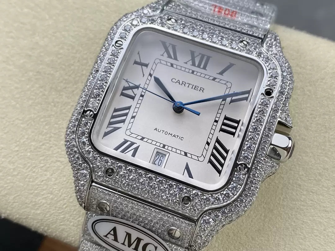 Santos De Cartier Diamond Watches quadrante bianco and Argento 1:1 edizione migliore AMG Fabbrica Swarovski Stone