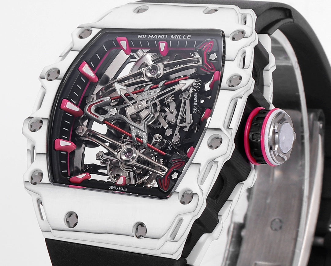Richard Mille Bubba Watson Tourbillon RM38-02 1:1 Best Edition Caixa de Carbono Branco Borracha Preta Cinturino