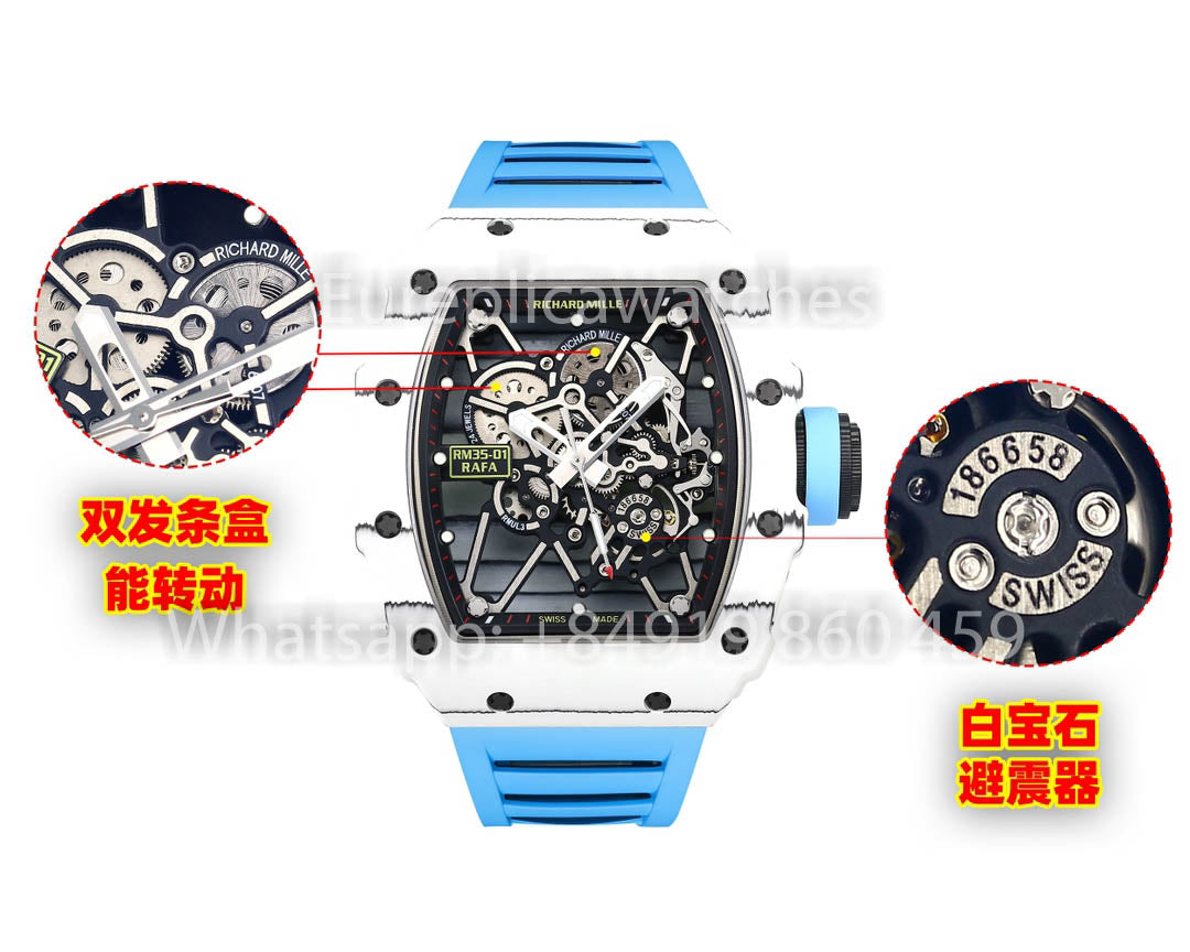 Richard Mille RM35-01 Bianco Carbonio 1:1 Best Clone BBR Fabbrica V2 Blu Gomma cinturino