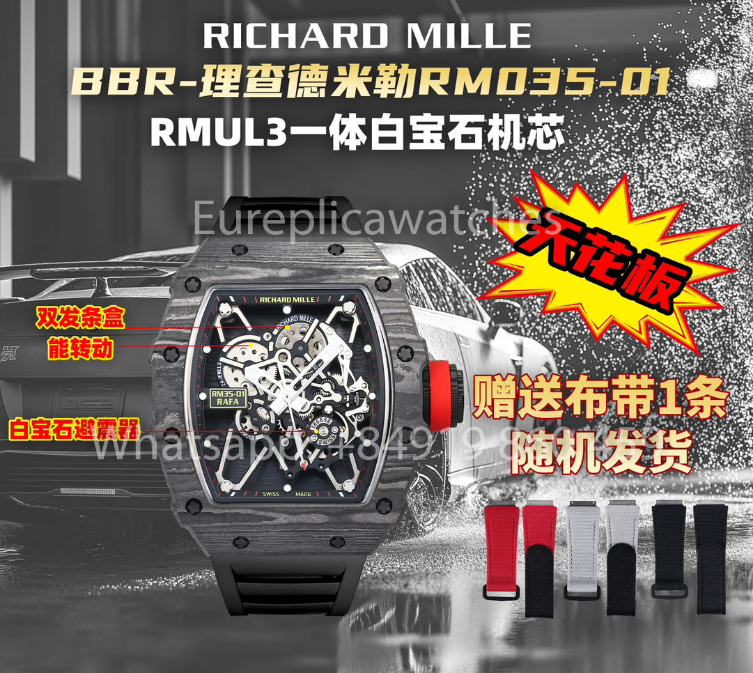 Richard Mille RM35-01 NTPT Carbonio Cassa 1:1 Best Clone BBR Fabbrica V2 Nero Gomma cinturino