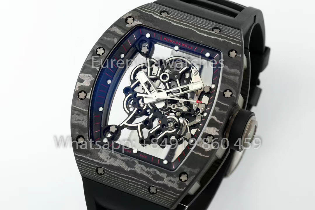 RICHARD MILLE RM055 fibra di carbonio Cassa 1:1 Best Clone APS Fabbrica Nero Gomma cinturino
