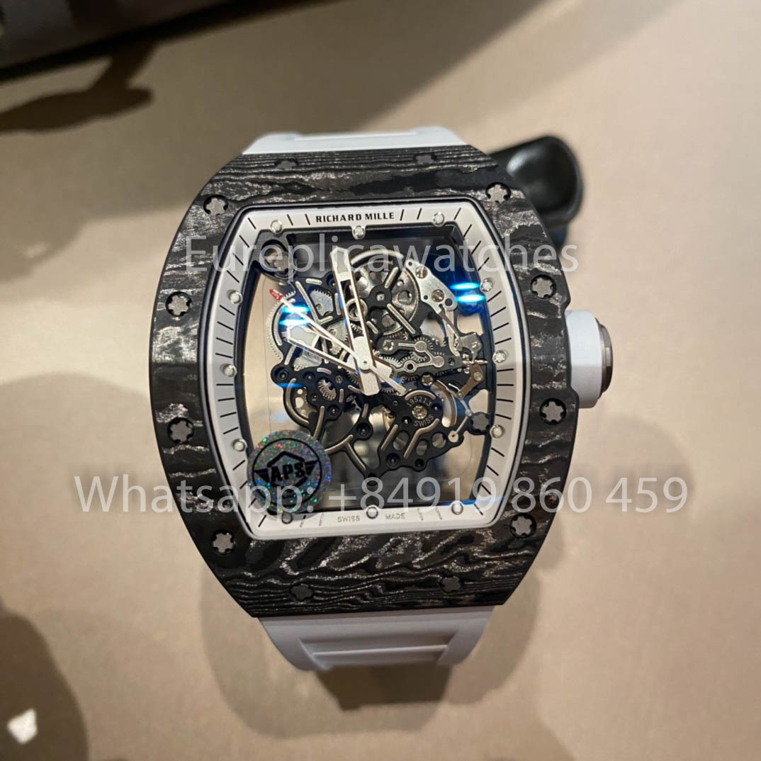 RICHARD MILLE RM055 fibra di carbonio Cassa 1:1 Best Clone APS Fabbrica quadrante bianco Gomma cinturino