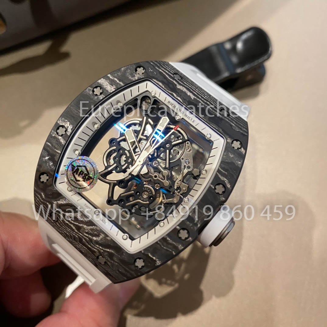 RICHARD MILLE RM055 fibra di carbonio Cassa 1:1 Best Clone APS Fabbrica quadrante bianco Gomma cinturino
