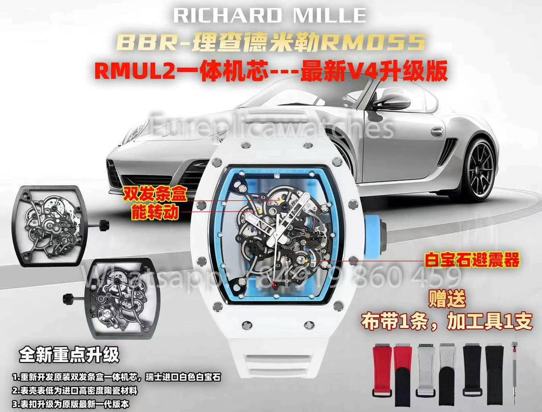 RICHARD MILLE RM055 Bianco ceramica Cassa 1:1 Best Clone APS Fabbrica quadrante blu Bianco cinturino