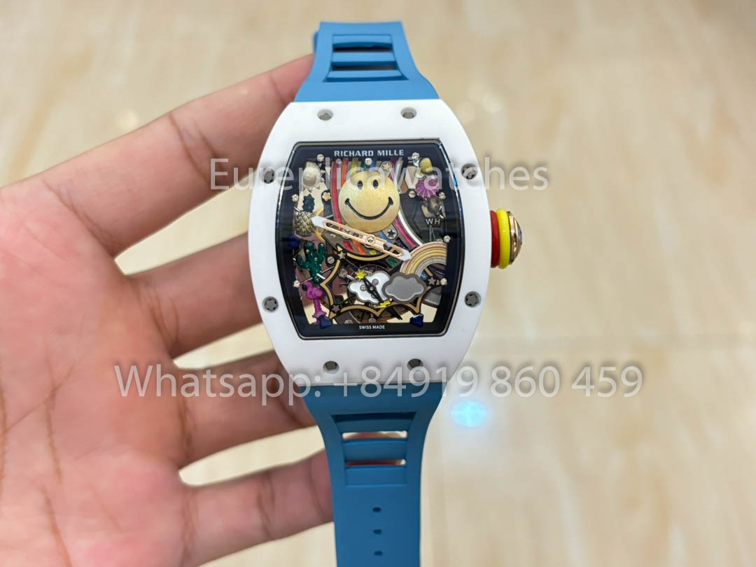 Richard Mille RM88 Smiley V2 Caixa de Cerâmica 1:1 Melhor Clone Azul Borracha Cinturino