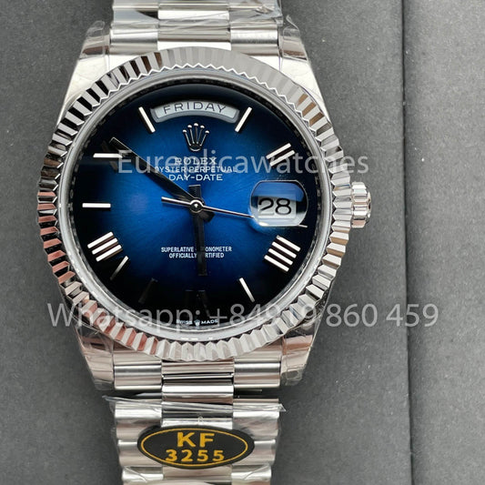 Rolex Day Date 40 228239-0076 Oro Blanco, Bisel Estriado de Platino 1:1, Mejor Clon, KF Fabbrica, 215 gramos