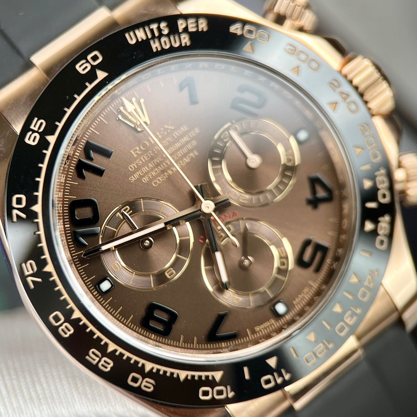 Rolex Daytona Rosa Oro Chocolate Arabic quadrante & lunetta in ceramica Oysterflex Gomma bracciale 116515LN