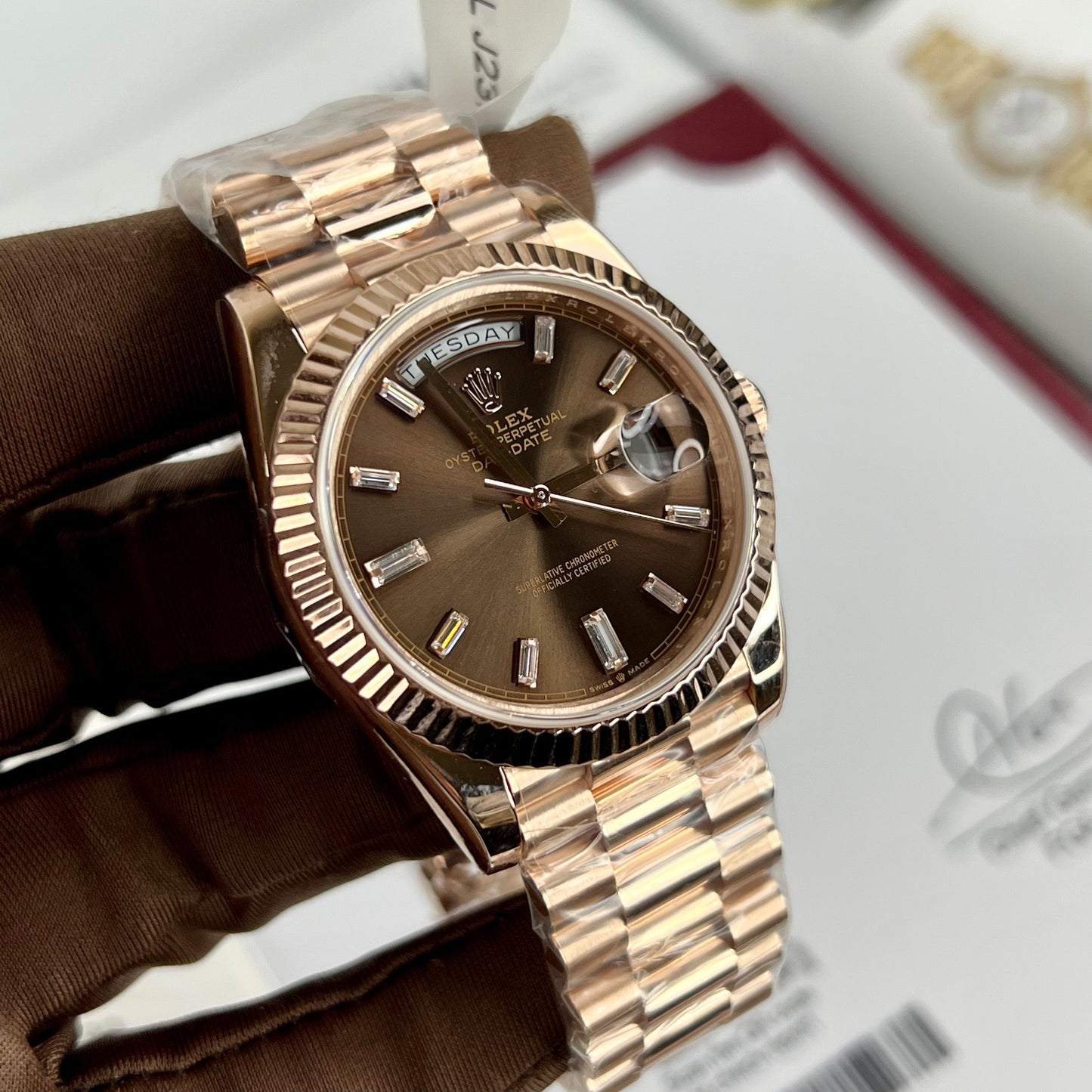 Rolex Day-Date 40mm 228235 chocolate quadrante 18k Rosa Oro preenchido 150 gramas
