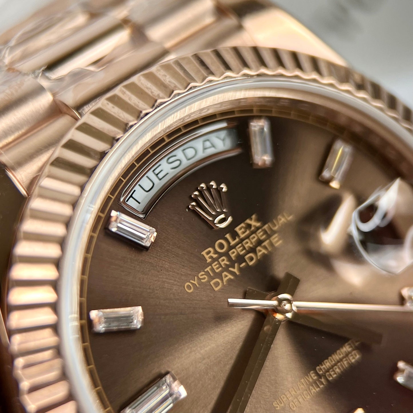 Rolex Day-Date 40mm 228235 chocolate quadrante 18k Rosa Oro preenchido 150 gramas
