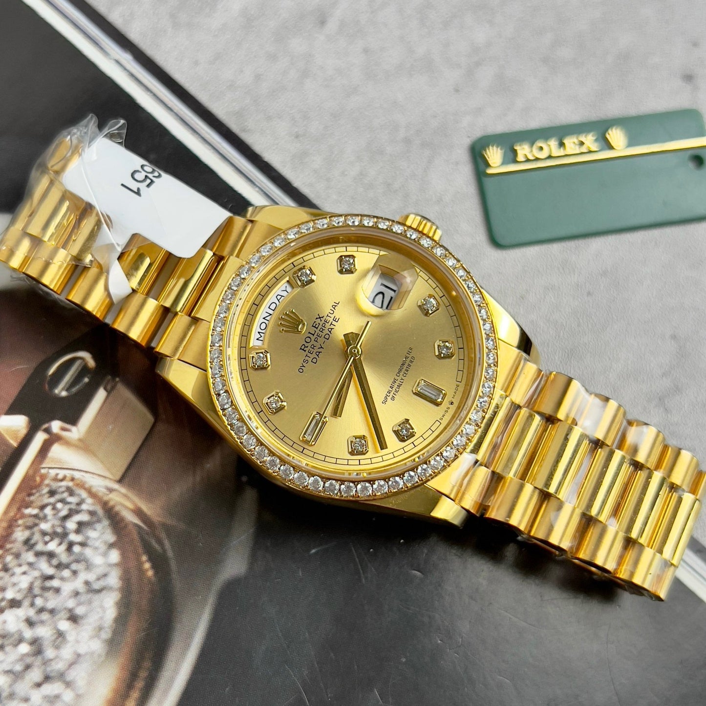 Rolex Day-Date 128238-0008 Watch 36mm coated 18k with lunetta Moissanite