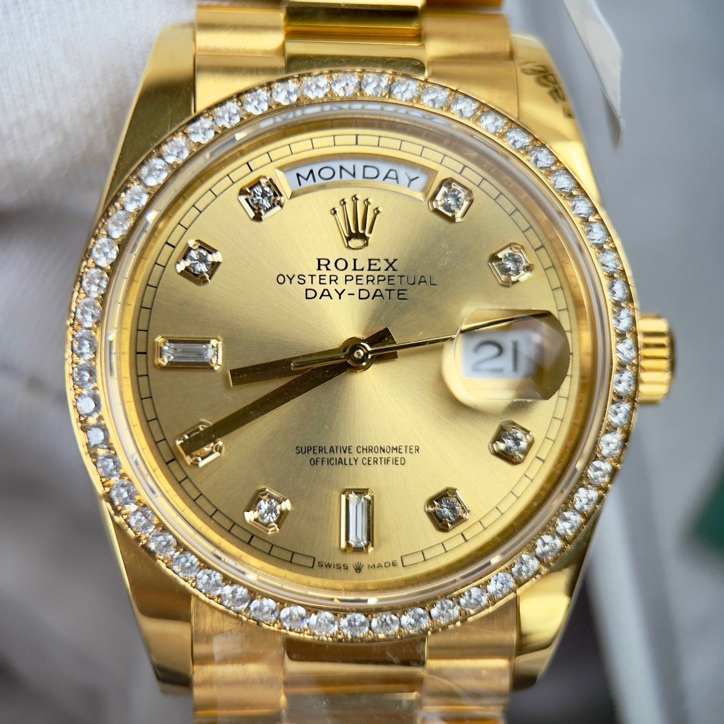 Rolex Day-Date 128238-0008 Watch 36mm coated 18k with lunetta Moissanite