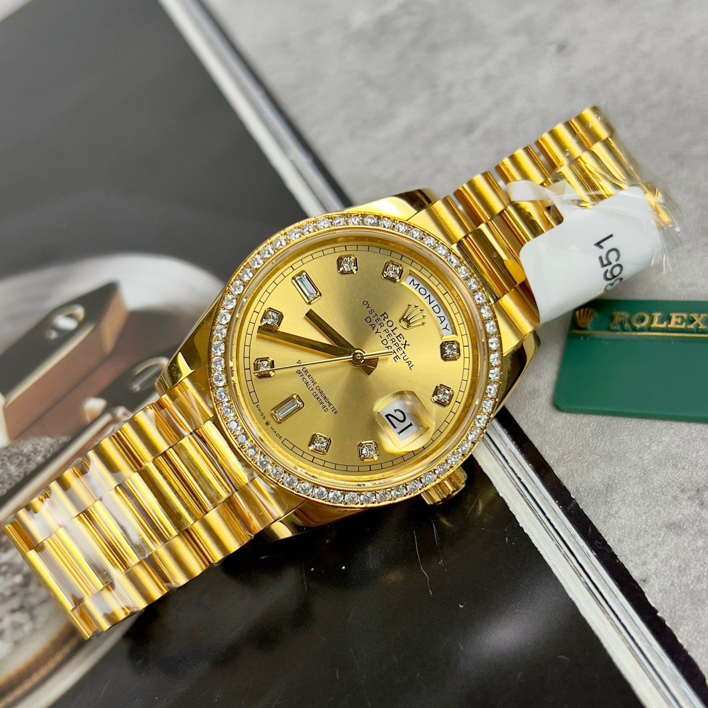 Rolex Day-Date 128238-0008 Watch 36mm coated 18k with lunetta Moissanite