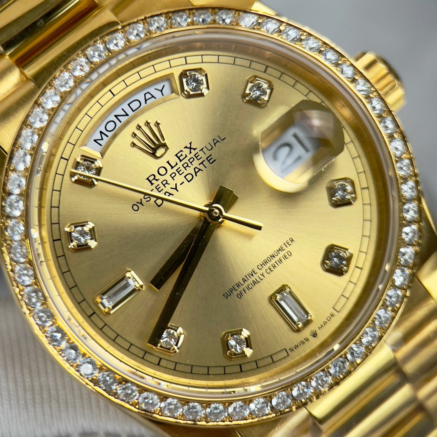Rolex Day-Date 128238-0008 Watch 36mm coated 18k with lunetta Moissanite