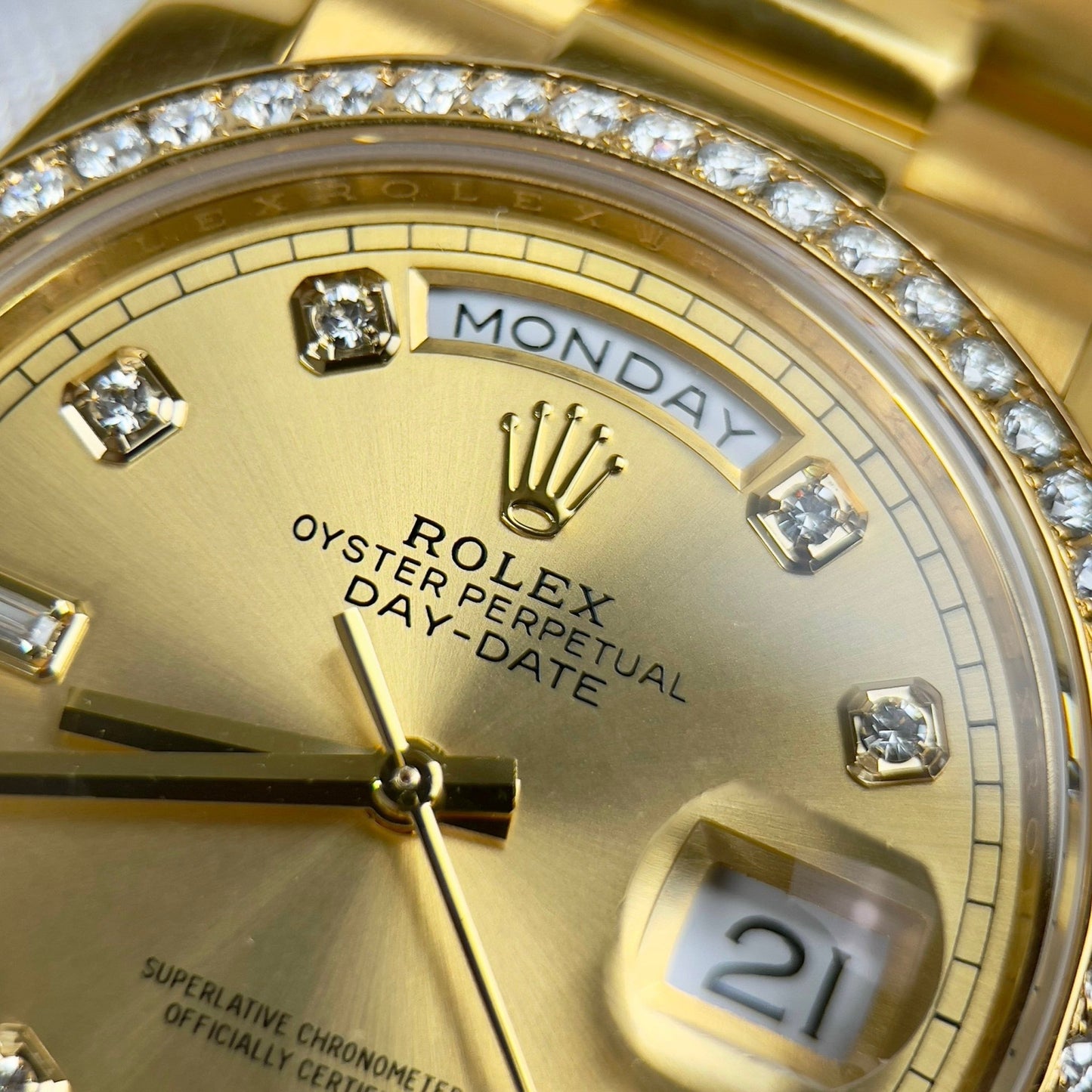Rolex Day-Date 128238-0008 Watch 36mm coated 18k with lunetta Moissanite