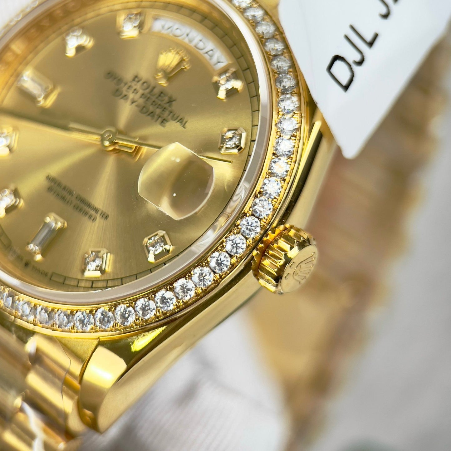 Rolex Day-Date 128238-0008 Watch 36mm coated 18k with lunetta Moissanite
