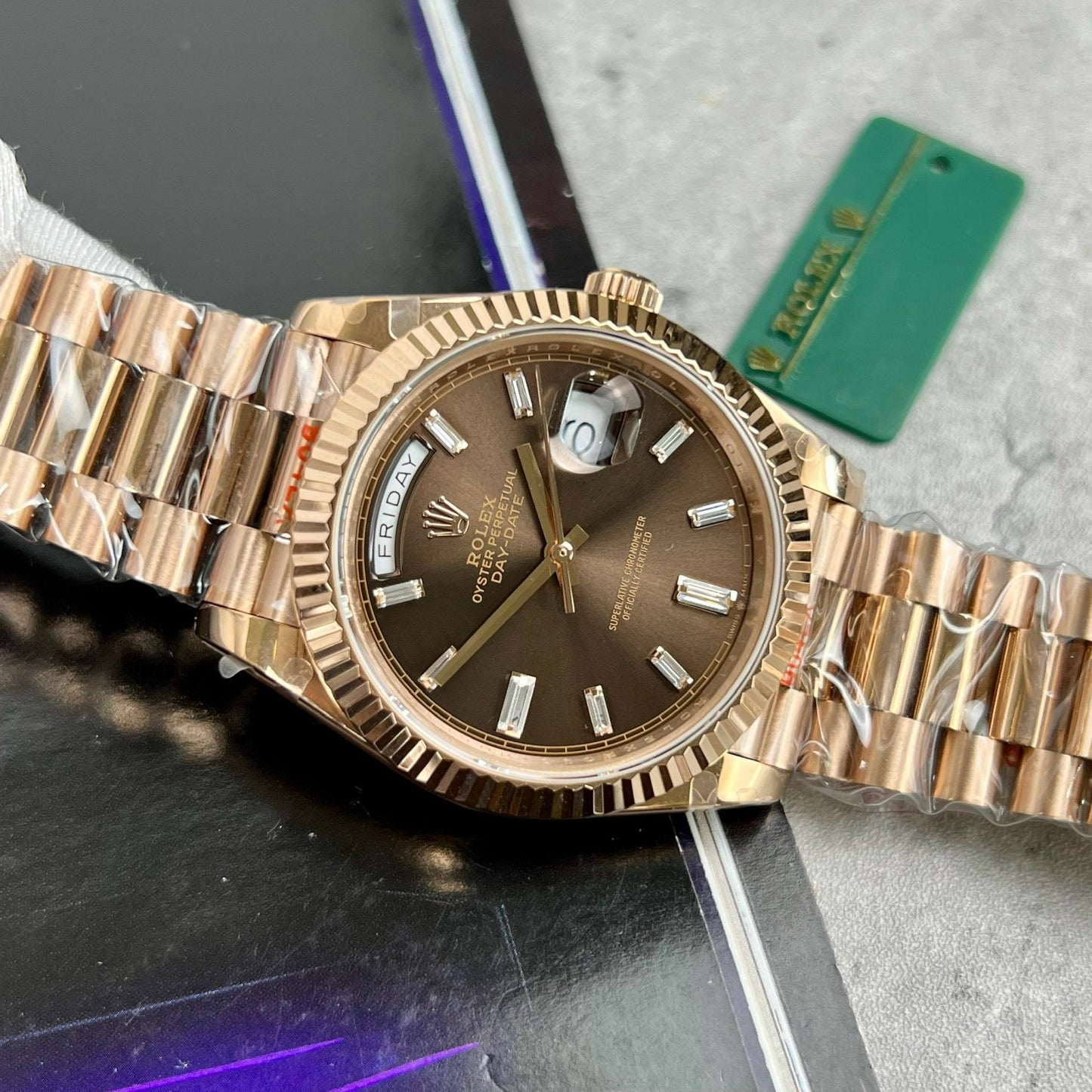 Rolex Day-Date 40mm 228235 chocolate quadrante 18k Rosa Oro preenchido 167 gramas