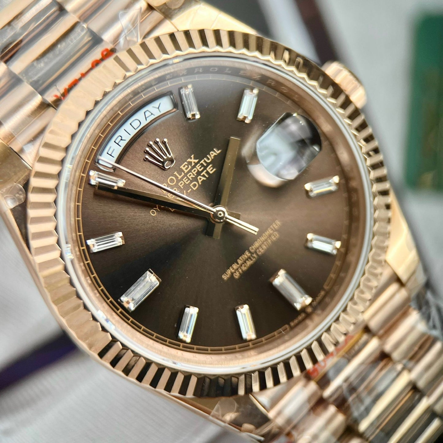 Rolex Day-Date 40mm 228235 chocolate quadrante 18k Rosa Oro preenchido 167 gramas