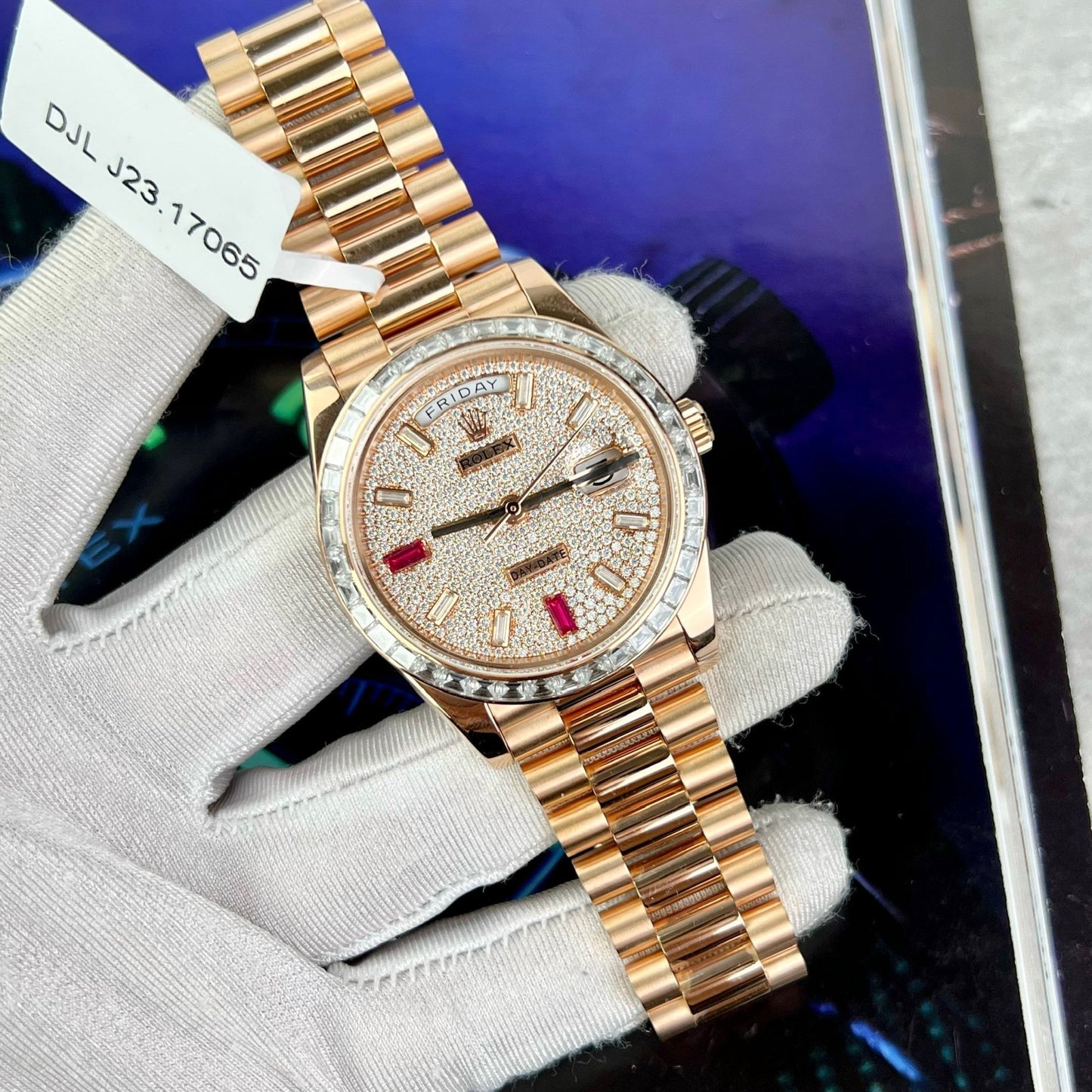 Rolex Day-Date 36 mm Everose Oro 128345RBR revestido 18k com Moissanite integral