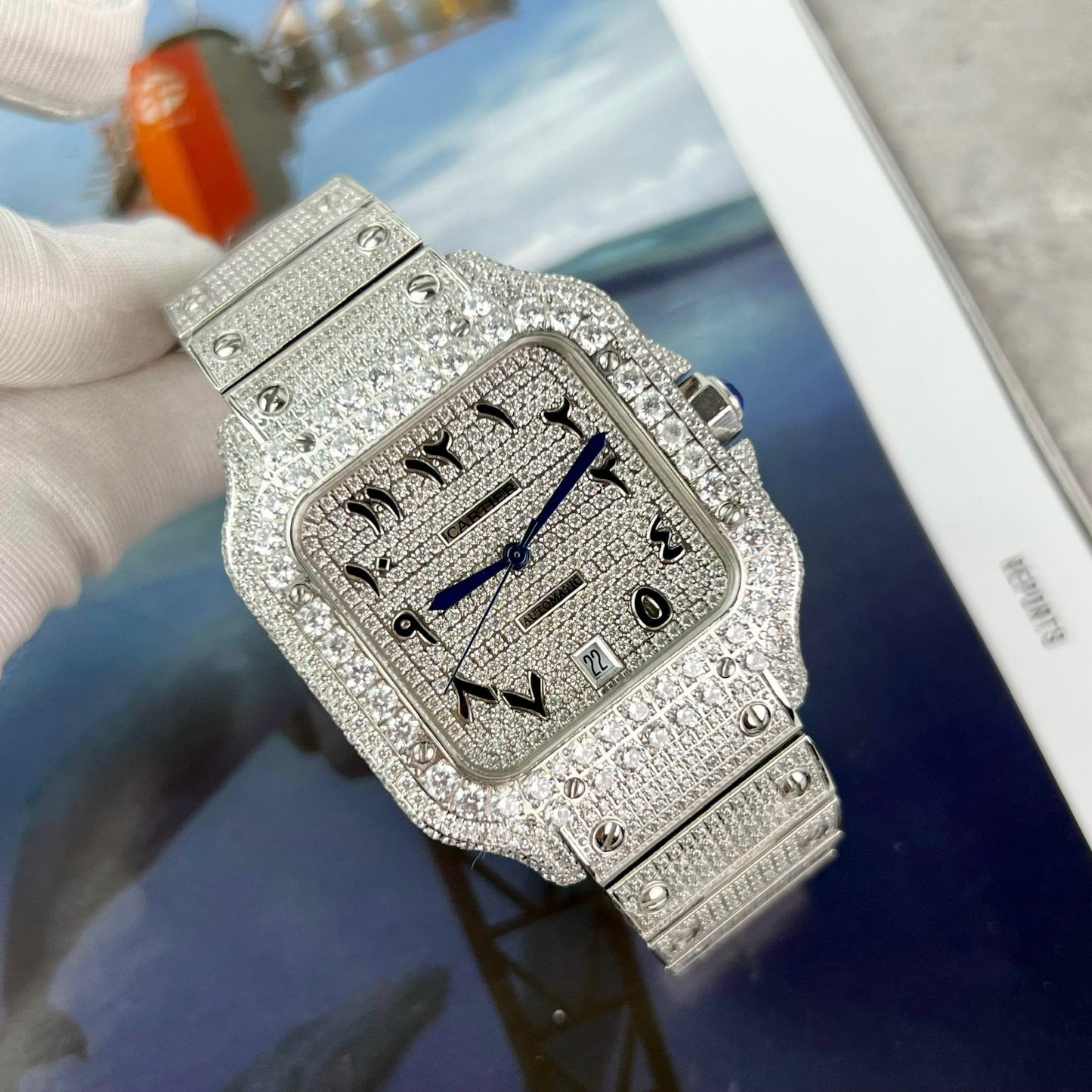 Santos De Cartier 40 mm em aço – mostrador árabe em pedra Swarovski com pavé personalizado