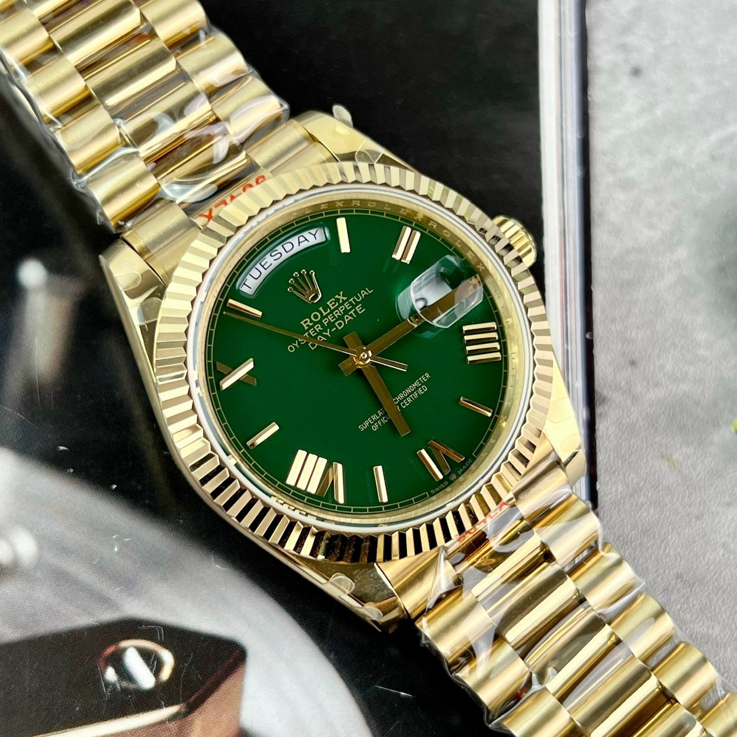 Rolex Day Date M228238-0061 Melhor 1:1 Edizione GM Fabbrica V2 quadrante verde Amarelo Oro