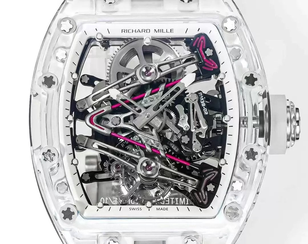 Richard Mille RM38-02 Tourbillon movimento 1:1 Best Edition RM Fabbrica Transparent case Rubber cinturino