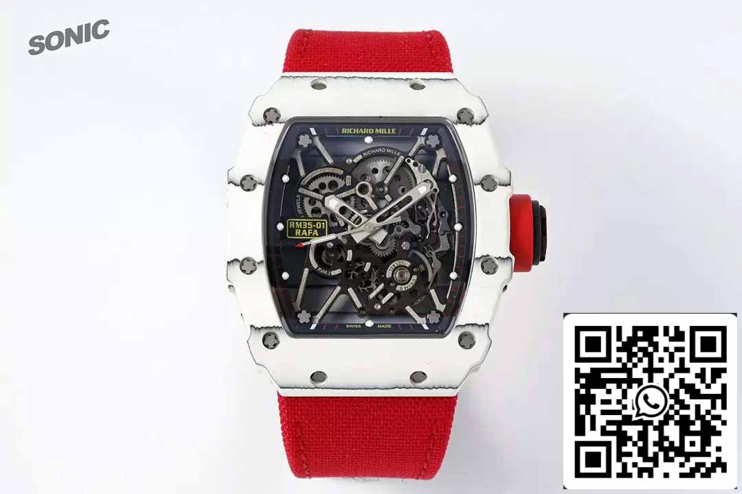 Richard Mille RM35-01 Sonic Fabbrica 1:1 Best Edition White Carbon NTPT Red Velcro cinturino
