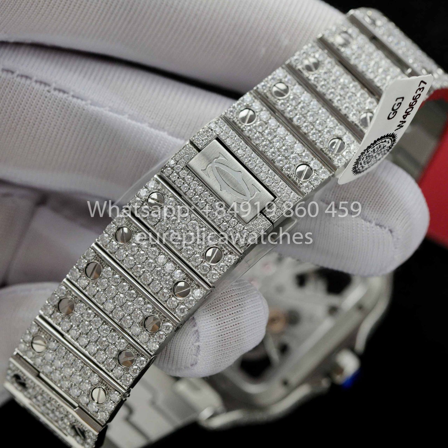 Relógio Santos De Cartier Skeleton Moissanite Iced Out com mostrador quadrado 1:1 Melhor clone