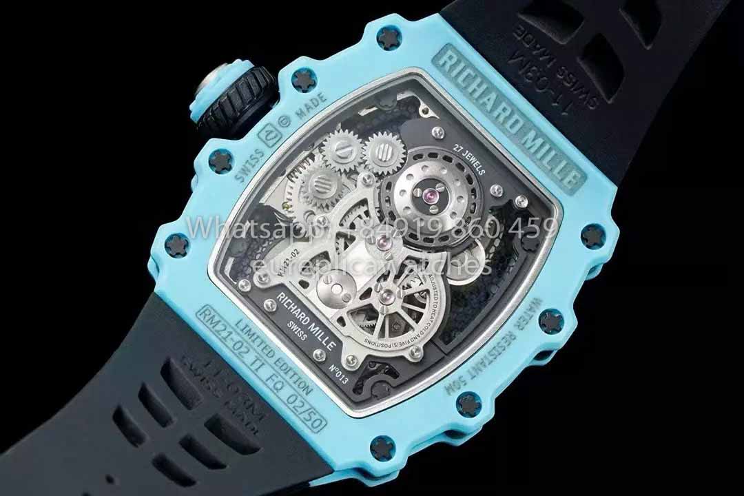 Richard Mille RM21-01 Blue Tiffany Tourbillon Watch 1:1 best Clone RM Fabbrica Black cinturino