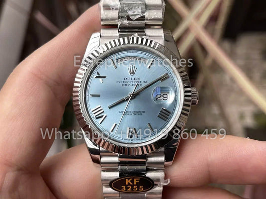 Rolex Day Date 40 228236 Oro Blanco, Bisel Estriado de Platino, 1:1, Mejor Clon, KF Fabbrica, 215 gramos
