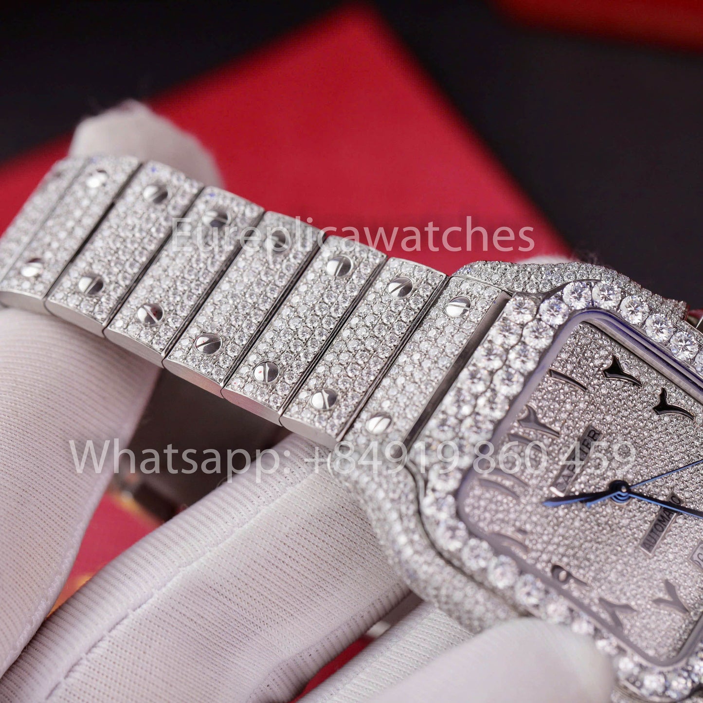Santos De Cartier Moissanite Iced Out Watch Square Dial 1:1 Best Clone