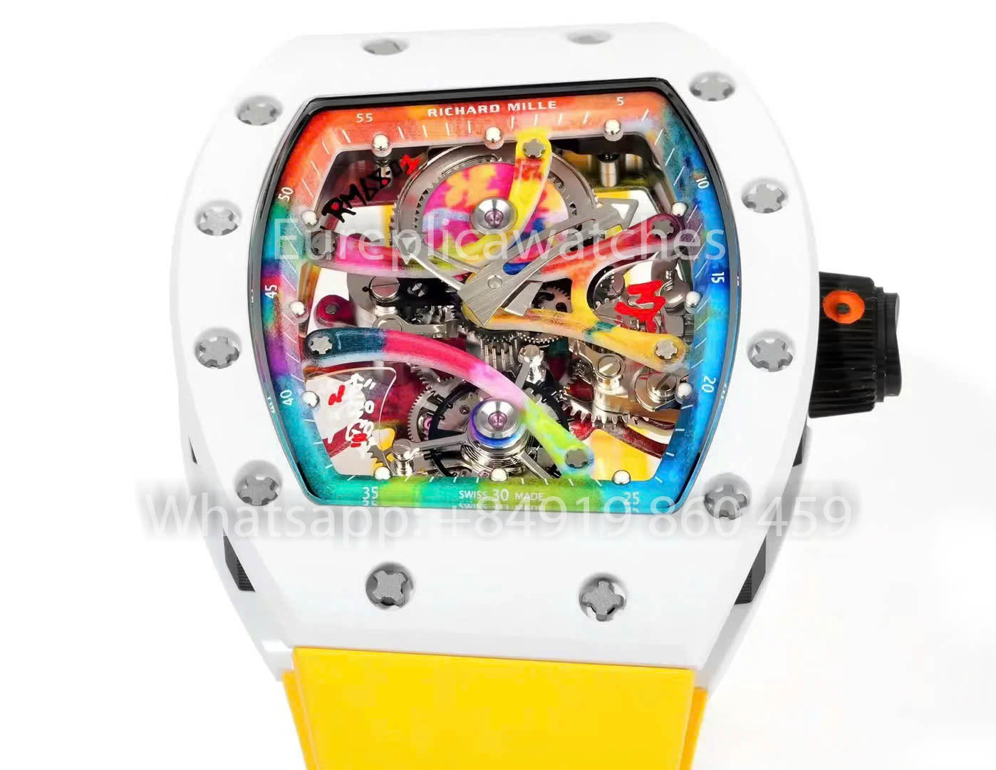 RICHARD MILLE RM 68-01 Tourbillon Cyril Kongo Watch 1:1 Best Clone RM Fabbrica White Case Rubber Yellow cinturino
