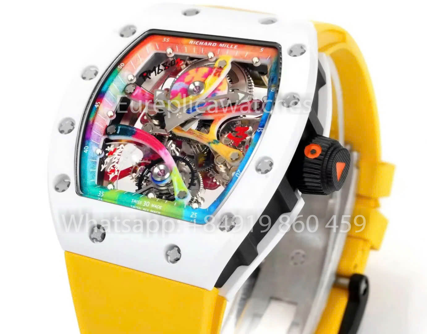 RICHARD MILLE RM 68-01 Tourbillon Cyril Kongo Watch 1:1 Best Clone RM Fabbrica White Case Rubber Yellow cinturino