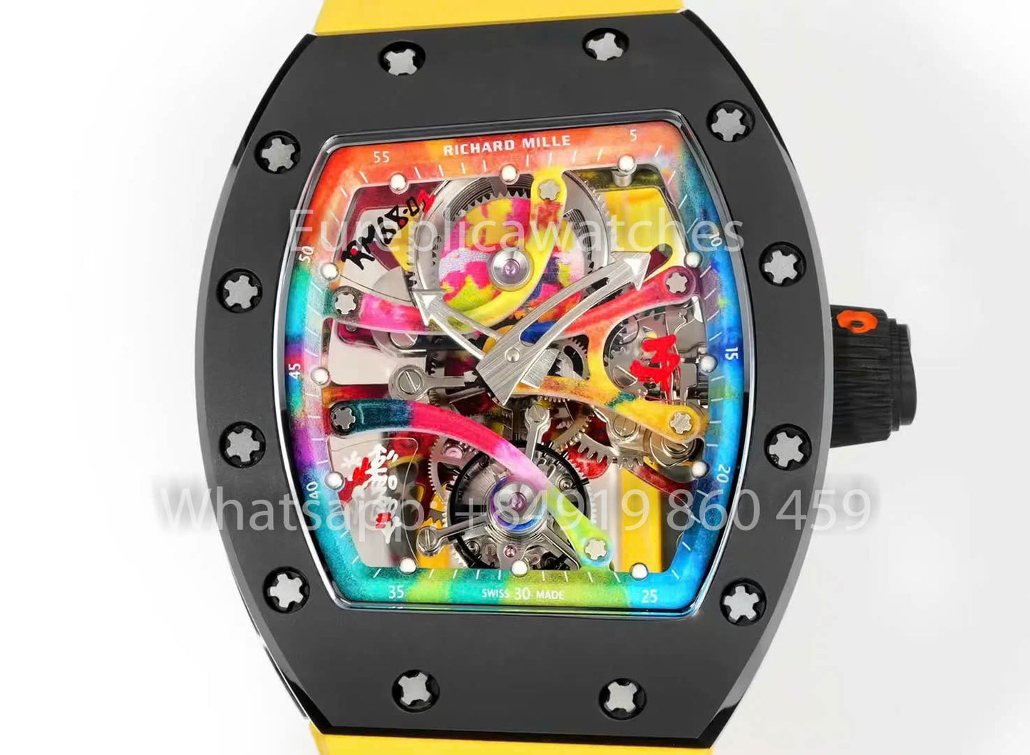 RICHARD MILLE RM 68-01 Tourbillon Cyril Kongo Watch 1:1 Best Clone RM Fabbrica Black Case Yellow Rubber cinturino