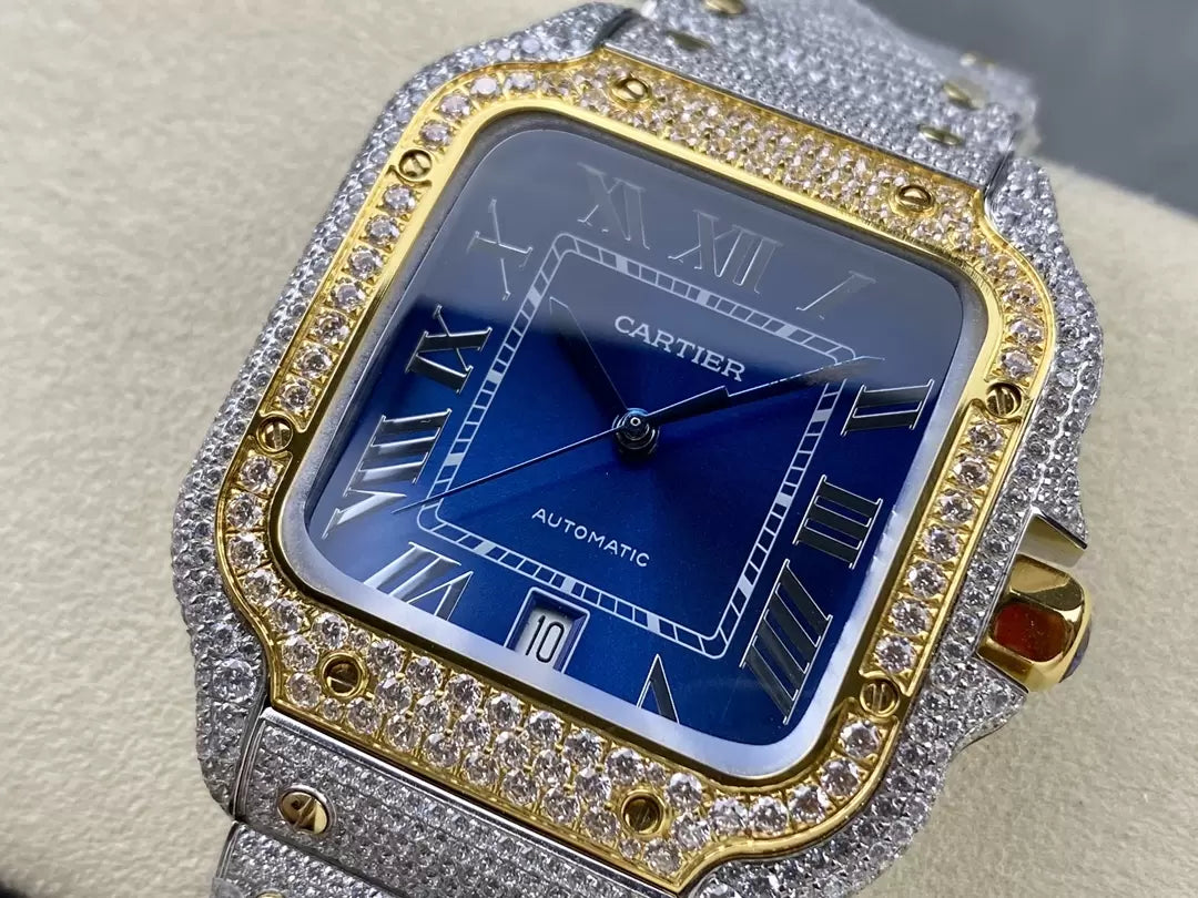 Santos De Cartier Diamond Watches quadrante azul e Oro 1:1 edizione migliore AMG Fabbrica Swarovski Stone