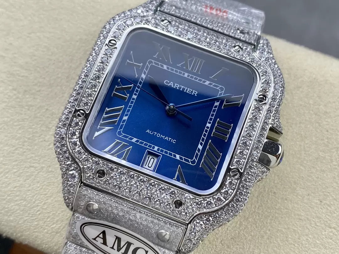 Santos De Cartier Diamond Watches quadrante blu and Argento 1:1 edizione migliore AMG Fabbrica Swarovski Stone