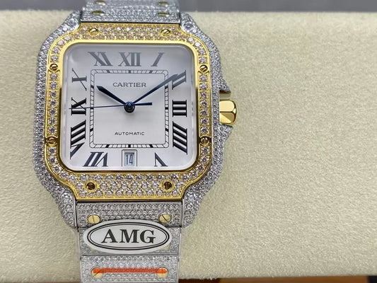Santos De Cartier Diamond Watches quadrante bianco and Oro 1:1 edizione migliore AMG Fabbrica Swarovski Stone