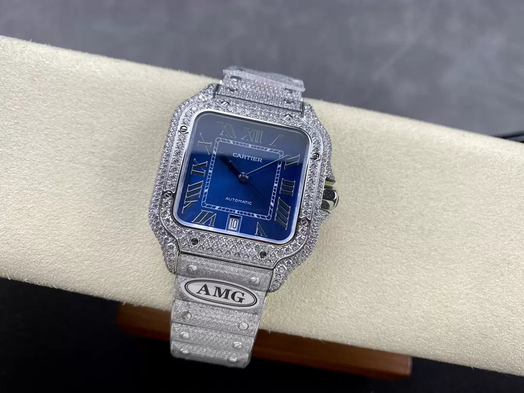 Santos De Cartier Diamond Watches quadrante blu and Argento 1:1 edizione migliore AMG Fabbrica Swarovski Stone