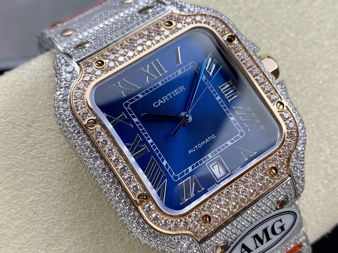 Santos De Cartier Diamond Watches quadrante blu 1:1 edizione migliore AMG Fabbrica Swarovski Stone
