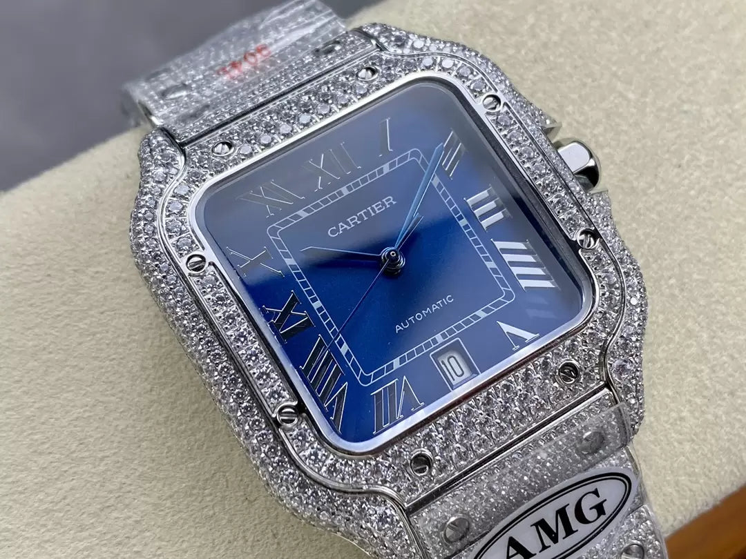 Santos De Cartier Diamond Watches quadrante blu and Argento 1:1 edizione migliore AMG Fabbrica Swarovski Stone