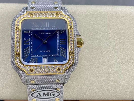 Santos De Cartier Diamond Watches quadrante blu and Oro 1:1 edizione migliore AMG Fabbrica Swarovski Stone